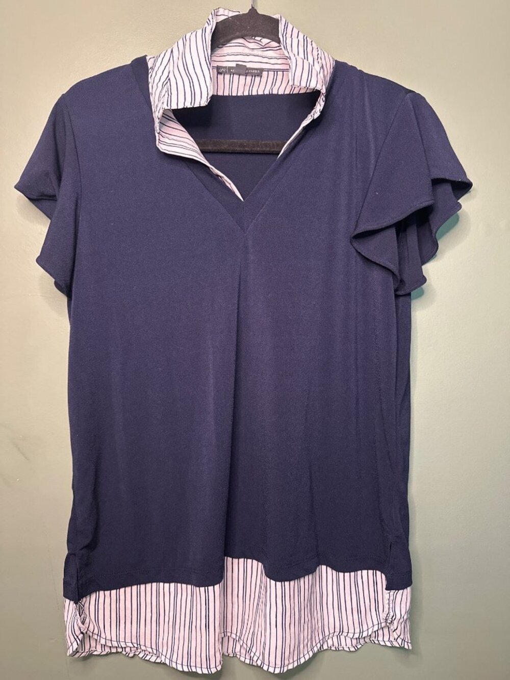 Adrienne Papell Navy Mixed Media Top Collared Slinky Size M academia office y2k
